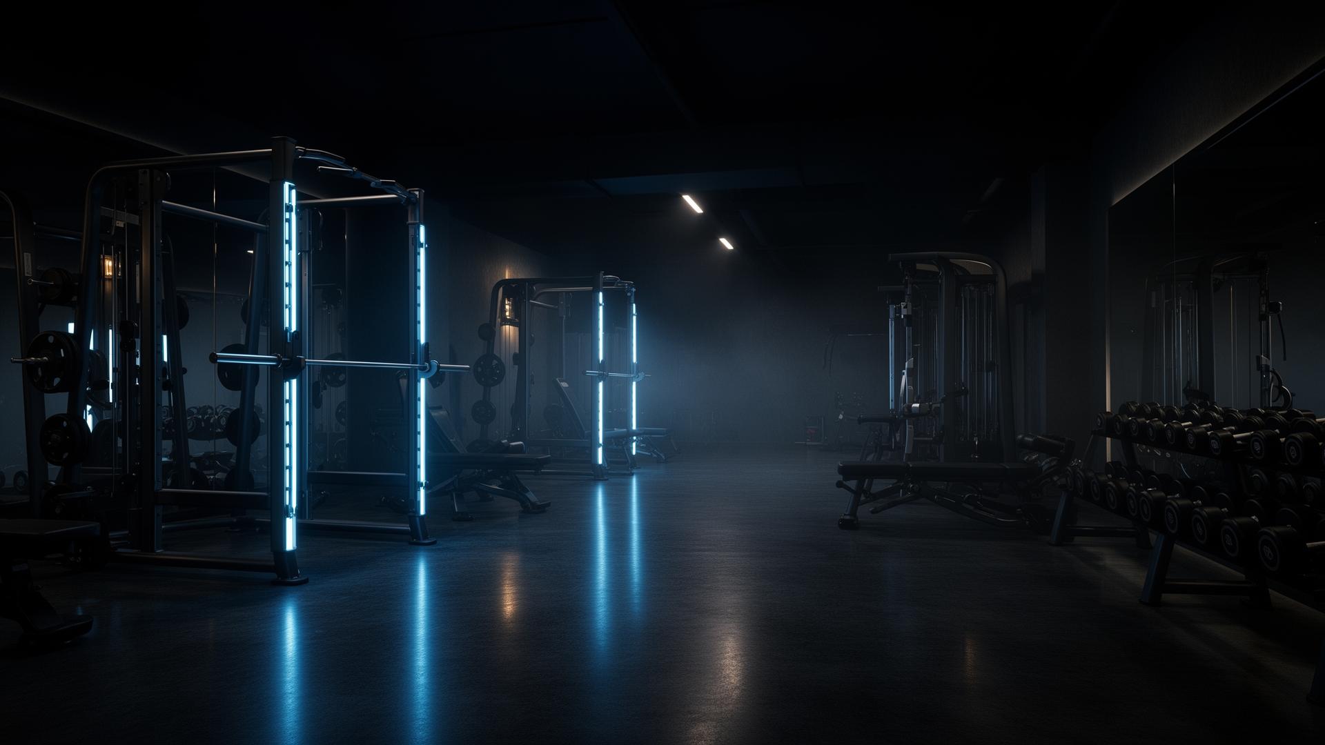 Tmavý interiér prémiového privátního fitness studia MySpace GYM ve Vsetíně